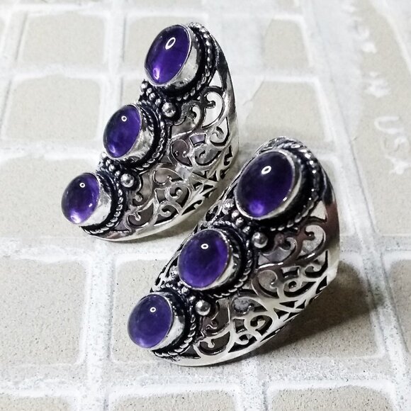 Genuine Amethyst Cabochon Shield Ring - Size 7.5 or 9! Trendy Boho Sexy Chic - Picture 6 of 12